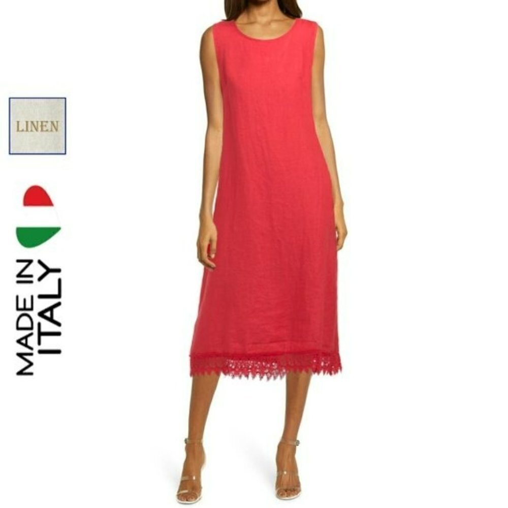 NWT Rosemarine Made In Italy Linen Crochet Hem Bow Tie Back Midi Dress